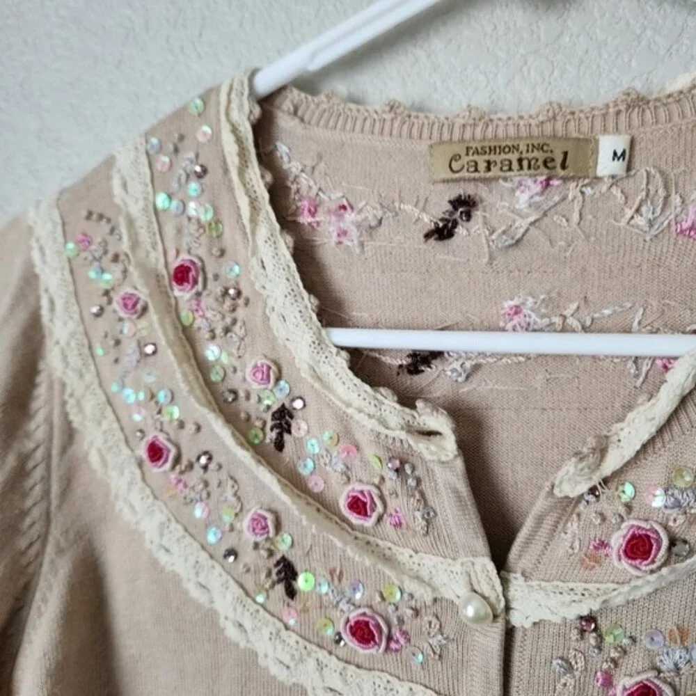 Y2K Coquette Cream Knit Cardigan Top with Floral Beading Pearls Sequins M - Picture 11 of 11